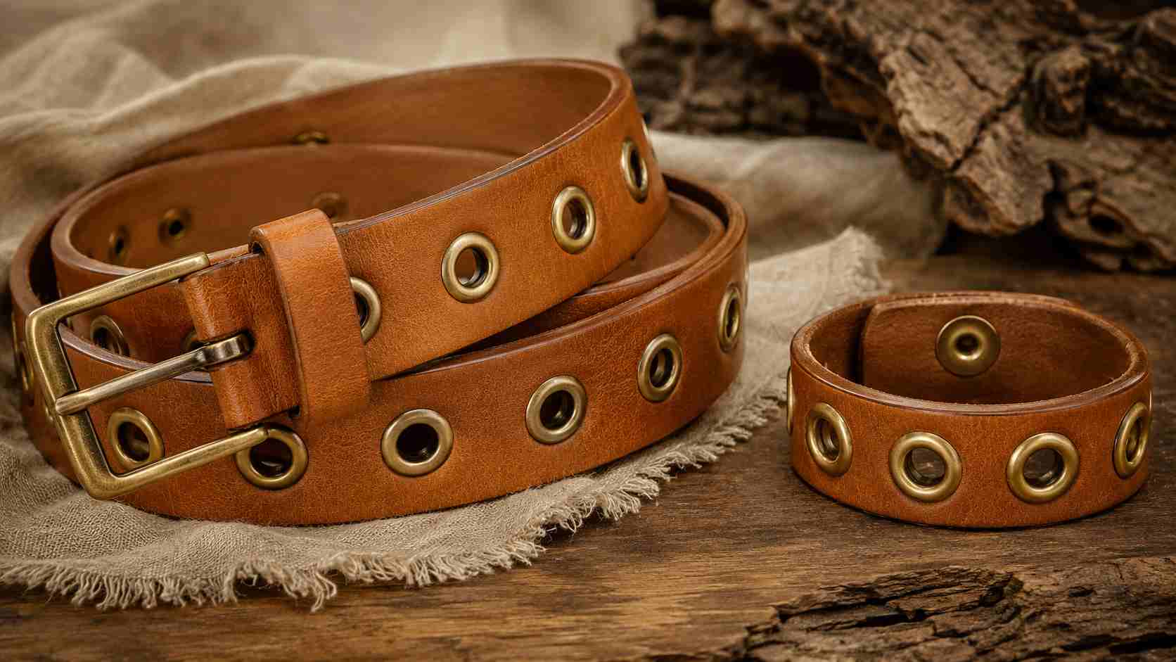 belt with eyelets, The belt with eyelets is made of brown leather and features multiple round metal eyelets.
